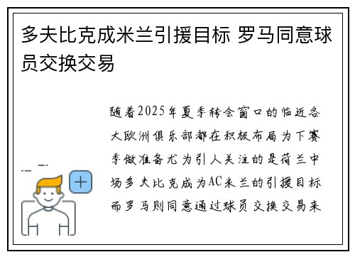 多夫比克成米兰引援目标 罗马同意球员交换交易 多夫比克成米兰引援目标 罗马同意球员交换交易