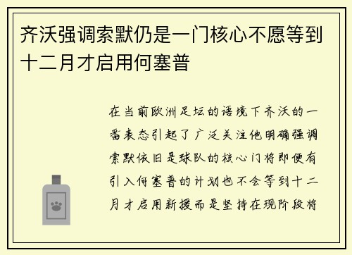 齐沃强调索默仍是一门核心不愿等到十二月才启用何塞普 齐沃强调索默仍是一门核心不愿等到十二月才启用何塞普