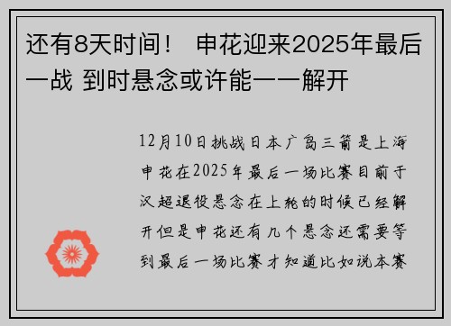 还有8天时间！ 申花迎来2025年最后一战 到时悬念或许能一一解开
